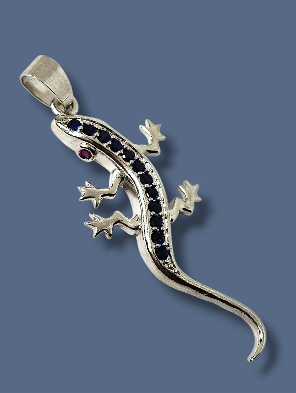 Silver Lizard Pendant with Blue Stones Reptile size 2"